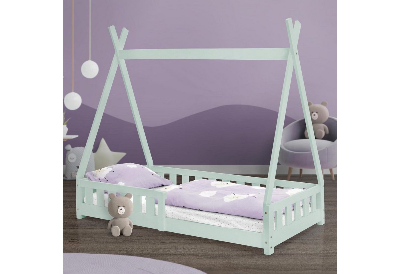 ML-DESIGN Kinderbett Hausbett mit Rausfallschutz und Lattenrost Massivholz, Bett 80x160 Mint aus Kiefernholz Spielbett Zelt mit Zaun von ML-DESIGN