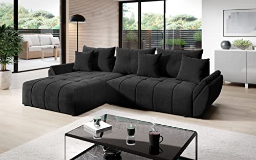 Vigo Velvet Monolith Ecksofa in L-Form 280 cm x 190 cm - Schlafsofa mit Bettkasten - Couch mit Stauraum und Kissen - Sofa mit Schlaffunktion - Ausziehbares Schlafsofa - Farbe: Schwarz (M-95) von ML Furniture Ltd