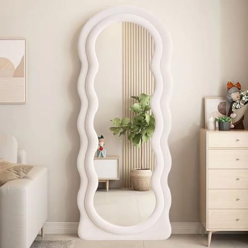 Ganzkörperspiegel, Unregelmäßiger Wavy Mirror, Gewellter Standspiegel Ganzkörper, Mit Flanell Umwickelter Holzrahmenspiegel, für Ankleidezimmer Schlafzimmer Wohnzimmer,Off White,170 * 70cm von MLQZF