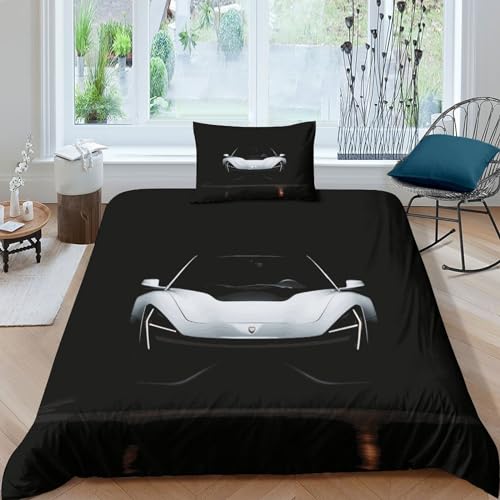 MMUNNA Cooler Sportwagen 3D Gedruckter Weißes Rennauto Bettbezug Set Bettwäschegarnitur Mädchen Junge Kinder Bettwäsche Und Kissenbezüge Reissverschluss Weich Microfaser 3 Teilig Single（135x200cm） von MMUNNA