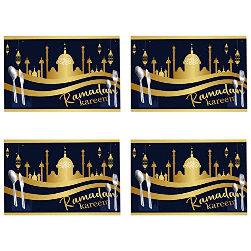 Ramadan Tischsets 4pcs Eid Mubarak Platzsets Ramadan Dekoration Set, Rutschfeste Tischsets Gold Stern Mond Baumwolle Platzdeckchen Tischdekoration für Muslim Ramadan Party Deko (C) von MNJR