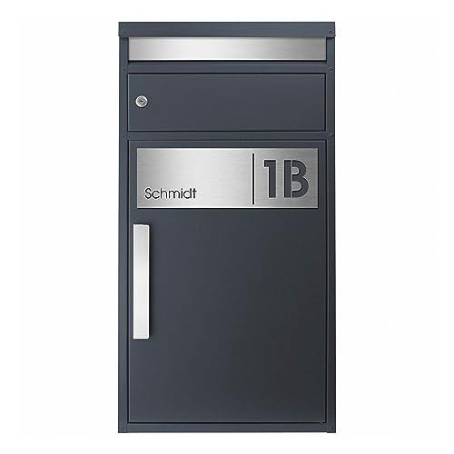 MOCAVI Paketbriefkasten PBox 65FS anthrazit/Edelstahl matt mit Name und Hausnummer inkl. Gravur Namensschild Edelstahl Design-Paketkasten für alle Paketdienste Paketbox modern Standbriefkasten von MOCAVI