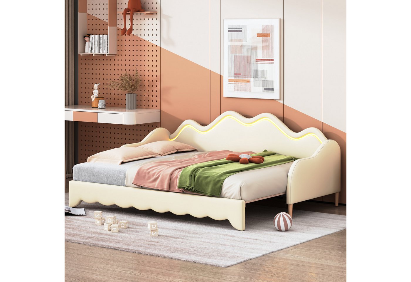 MODFU Schlafsofa 2-in-1 Multifunktions-Polsterbett, Kinderbett aus Kunstleder mit LED-Beleuchtung, mit Lattenrost, 90(180)*190cm, ohne Matratze von MODFU