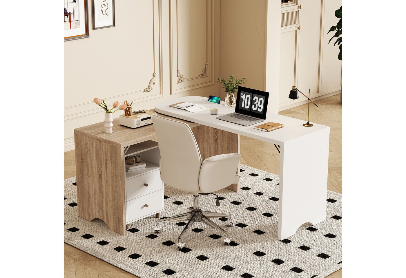 MODFU Schreibtisch Computertisch Eckschreibtisch 135cm weiß, Kein Stuhl von MODFU
