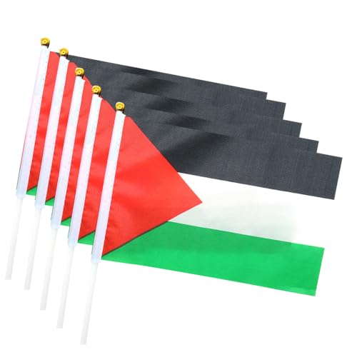 Palästina-Flagge mit weißer Stange, 14 x 21 cm, 5 Stück, Palästina-Flagge zum Schwenken – doppelseitig, feine Handflaggen, Palästina-Landflagge für Büro, Festivals, Veranstaltungen, Feiern von MOFIC