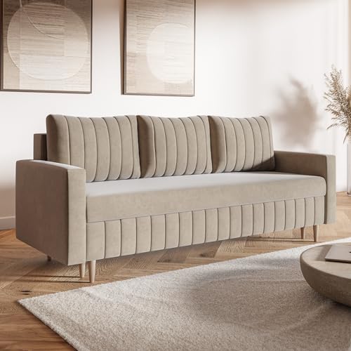 MOTIVENA Leo Sofagarnituren, 3 Sitzer Sofa mit Bettfunktion, Schlafsofa 215 cm Breit, Klappsofa mit Schlaffunktion, Bettsofa mit Schlaffunktion, Taschenfederkern (H3), Samt Sofa Beige von MOTIVENA