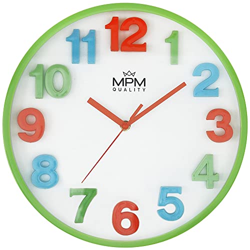 MPM Bunte Kinder Wanduhr aus Kunststoff, Grün/Weiß, große Bunte 3D-Ziffern, für ungestörtes Spielen, Quarz-Uhrwerk, geeignet besonders für Kinderzimmer, Kindergarten, die Schule von MPM Quality