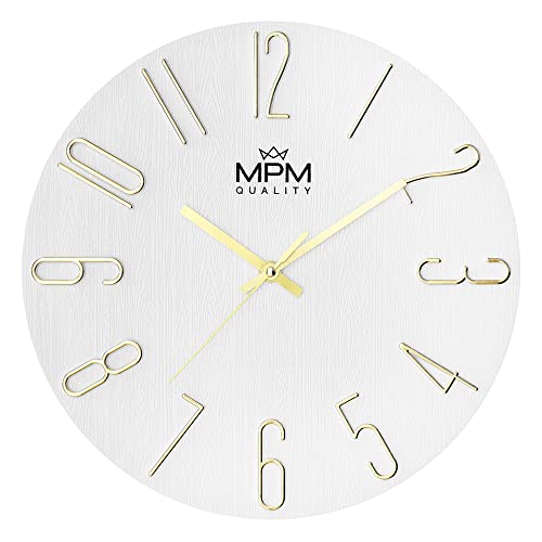 MPM Quality Design Wanduhr, Weiß/Gold, Datum-Anzeige, 3D Ziffern, präzises Quarz-Uhrwerk, ∅ 305 mm, Moderne Wand-Deko für Wohnzimmer, Schlafzimmer oder Büro von MPM Quality