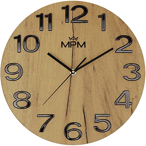 MPM Timber Simplicity Holz Wanduhr, Design-Holzuhr, Made in EU, Helles Holz/Schwarz, 3D Arabische Ziffern, Quarz-Uhrwerk Sweep,∅ 300 mm, schöne Wanddeko für Küche, Büro oder Wohnzimmer von MPM Quality