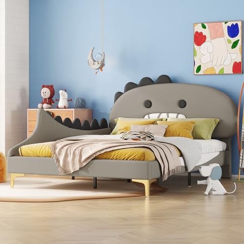 MQLAE Kinderbett 140x200, Mädchen Bett Jugendbett Polsterbett Doppelbett, Dinosaurierform, Bettgestell mit Lattenrost und Weiche Rückenlehne, Bett für Jungen und Mädchen, PU, Grau, ohne Matratze von MQLAE