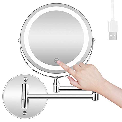 MRJ Kosmetikspiegel mit LED Beleuchtung und 1-/ 10-facher Vergrößerung Touchscreen Batterie/USB aus Kristallglas, Edelstahl und Messing für Badezimmer, Kosmetikstudio, Spa und Hotel von MRJ