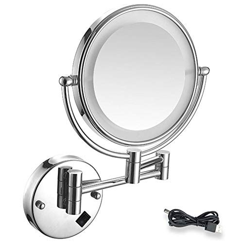 MRJ Kosmetikspiegel mit LED Beleuchtung und 1-/ 10-facher Vergrößerung aus Kristallglas, Edelstahl und Messing, Doppelseitig, Rostfrei, Schminkspiegel, USB Wiederaufladbare von MRJ