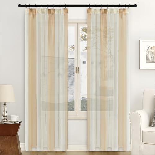 MRTREES Gardinen Transparent Kräuselband Gardinen Vorhänge 2er Set Stores Vorhang Leinenoptik 240x140 cm Streifen Wohnzimmer Schlaufenschal von MRTREES