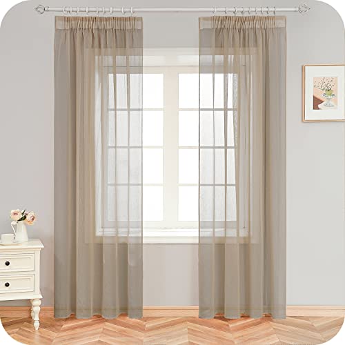 MRTREES Gardinen mit Kräuselband Stores Gardinen Beige kurz transparent 280X140cm (HXB) Schlaufenschals 2er Set Vorhänge in Leinenoptik für Wohnzimmer Schlafzimmer Mädchen Jugend Curtains von MRTREES