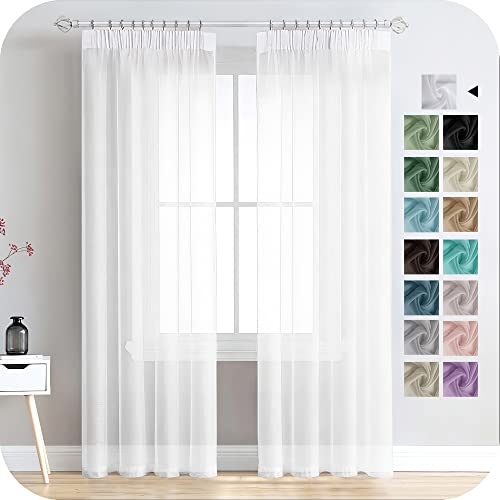 MRTREES Gardinen mit Kräuselband Stores Gardinen Weiß kurz transparent 245X140cm (HXB) Schlaufenschals 2er Set Vorhänge in Leinenoptik für Wohnzimmer Schlafzimmer Mädchen Jugend Curtains von MRTREES