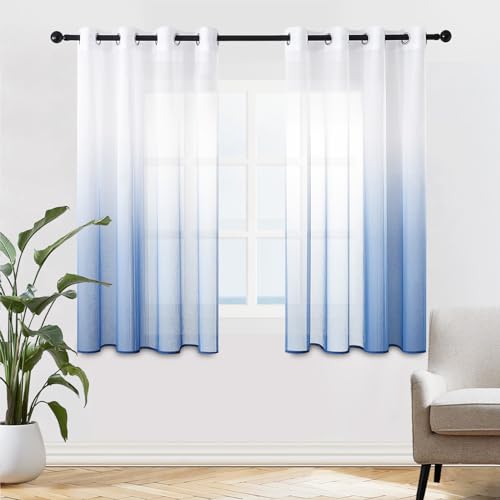 MRTREES Voile Gardinen Farbverlauf Leinenoptik Transparent Vorhang Kurz Tüllvorhang mit Ösen in Königsblau Weiß Verlauf 145×140cm (H×B) Modern für Kinderzimmer Wohnzimmer Schlafzimmer 2er von MRTREES