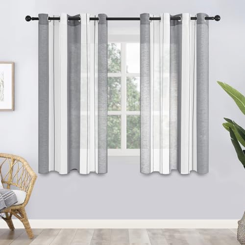 MRTREES Voile Gardinen Kurz Vorhang Halbtransparent Streifen Stores Schals mit Ösenschal Moderner Wohnstil Weiß+Grau 175×140cm (H×B) für Dekoration Kinderzimmer Wohnzimmer Schlafzimmer 2er-Set von MRTREES