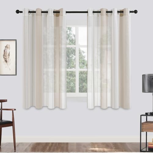 MRTREES Voile Gardinen Kurz Vorhang Halbtransparent Streifen Stores Schals mit Ösenschal Moderner Wohnstil Weiß+Khaki 145×140cm (H×B) für Dekoration Kinderzimmer Wohnzimmer Schlafzimmer 2er-Set von MRTREES