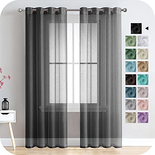 MRTREES Voile Gardinen Vorhang halbtransparent kurz mit Ösen in Leinenoptik Stores Gardinen Schals für Wohnzimmer Schlafzimmer Kinderzimmer Schwarz 225×140cm (H×B) 2er Set von MRTREES