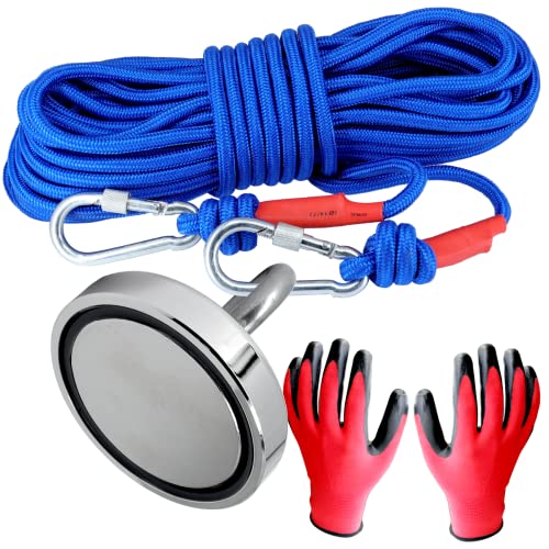 MVT Magnetfischen Magnetangel Set 150KG Stark Mit 20m Seil 8mm Dick Neodym Bergemagnet Mit 2 Karabinerhaken und Handschuhe Super Starker Magnet 60mm von MVT Magnete