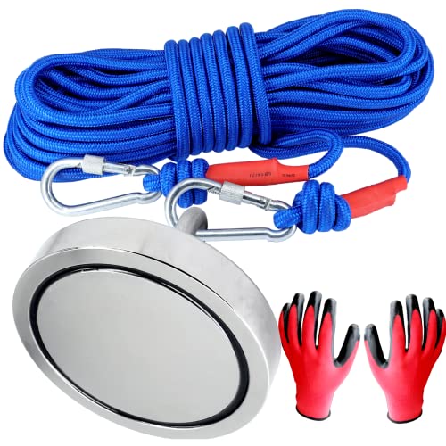 MVT Magnetfischen Magnetangel Set 300KG Stark Mit 20m Seil 8mm Dick Neodym Bergemagnet Mit 2 Karabinerhaken und Handschuhe Super Starker Magnet 94mm von MVT Magnete