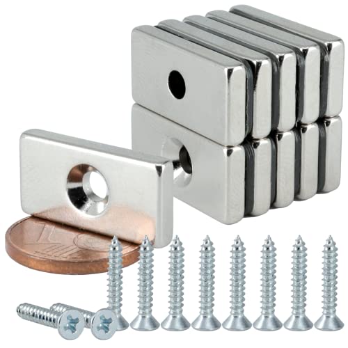 [10 Stück] Neodym Magnet mit Bohrung und Senkung 20x10x3mm - 3KG Stark Quader - Magnetquader mit Loch - Mit Senkkopfschrauben - M3 Senkloch zum anschrauben von MVT Magnete