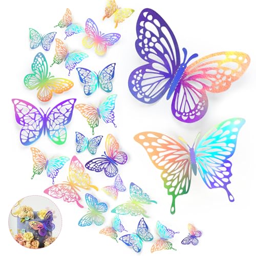 3D Schmetterlinge Deko, MXTIMWAN 48pcs Bunter Laser Schmetterling Deko, Spiegel Schmetterling Aufkleber Acryl Silber 3D Schmetterlinge Abnehmbare Butterfly Wandsticker Party Dekoration,4Stile,3Größen von MXTIMWAN
