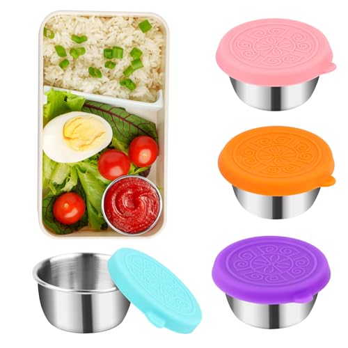 MXTIMWAN 4 Stück 50ml Dressing Behälter, Mini Dosen mit Deckel, Kleine Edelstahl Gewürzbehälter Saucenbehälter mit Silikondeckel, Bento Box Zubehör für Dips, Gewürze, Marmelade von MXTIMWAN