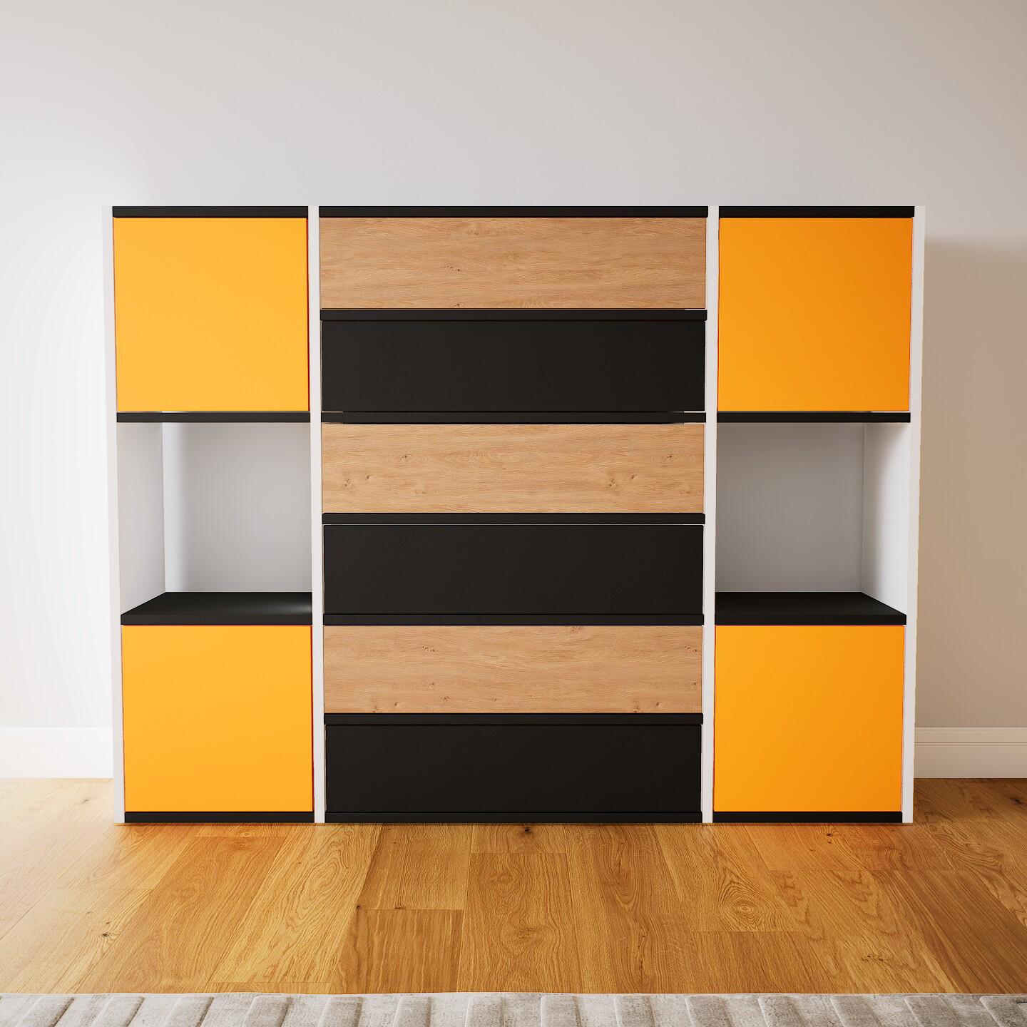 Wohnwand Gelb - Individuelle Designer-Regalwand: Schubladen in Schwarz & Türen in Gelb - Hochwertige Materialien - 154 x 118 x 34 cm, Konfigurator von MYCS