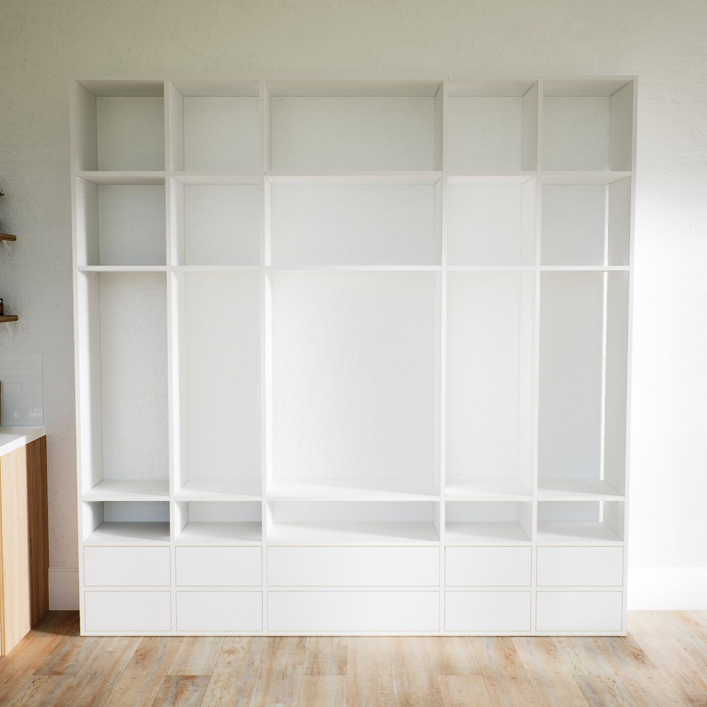 Wohnwand Weiß - Individuelle Designer-Regalwand: Schubladen in Weiß - Hochwertige Materialien - 231 x 233 x 34 cm, Konfigurator von MYCS