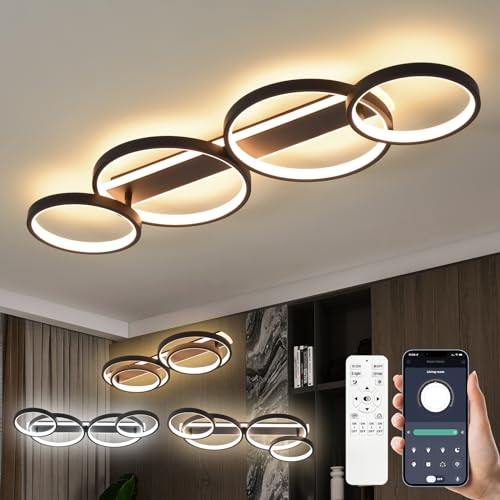 LED Deckenlampe,Dimmbar Deckenleuchte Mit Fernbedienung APP,Einstellbar Ringform Wohnzimmerlampe 4 Flammig Kronleuchter Lampe,48W 3000-6500K deckenbeleuchtung für Schlafzimmer Wohnzimmer,Schwarz 86cm von MYCUL