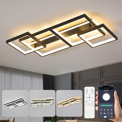 LED Deckenleuchte,Dimmbar Deckenlampe Mit Fernbedienung APP,Einstellbar Quadrat Wohnzimmerlampe 4 Flammig Kronleuchter Lampe,48W 3000-6500K Deckenbeleuchtung für Schlafzimmer Wohnzimmer,Schwarz 86cm von MYCUL