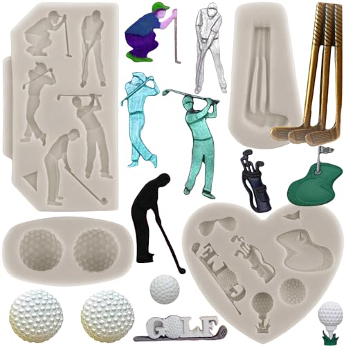 MYPRACS 4 Stück Golf Silikonform Golfbälle Fondantform Golfschlägerm Formen für Kuchendekoration Cupcake Topper Polymerton Süßigkeiten Schokolade Gummipaste von MYPRACS