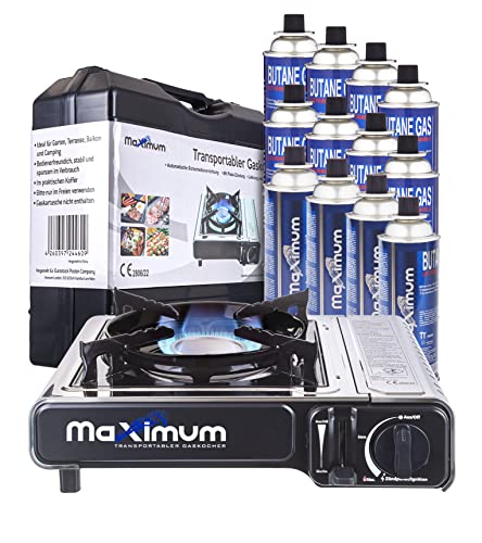 MaXimum Premium Edelstahl Gaskocher mit Tragekoffer + 12 MaXimum Gas Kartuschen von MaXimum