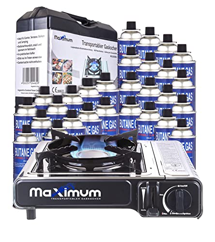 MaXimum Premium Edelstahl Gaskocher mit Tragekoffer + 28 MaXimum Gas Kartuschen von MaXimum