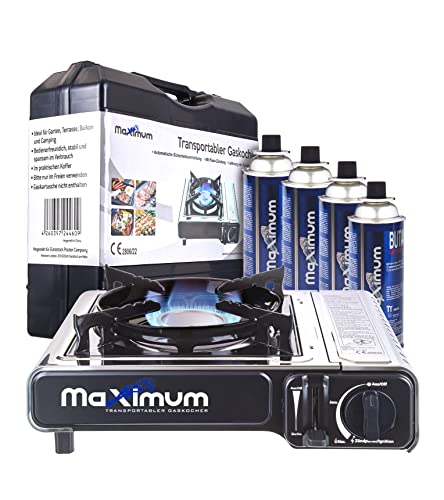 MaXimum Premium Edelstahl Gaskocher mit Tragekoffer + 4 MaXimum Gas Kartuschen von MaXimum
