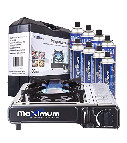 MaXimum Premium Edelstahl Gaskocher mit Tragekoffer + 8 MaXimum Gas Kartuschen von MaXimum