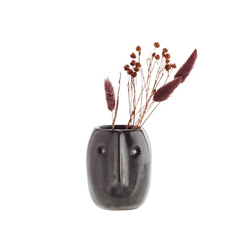 Madam Stoltz kleine Vase mit Gesicht-Prägung Steingut Skandi, Dunkelbraun, Grau, Höhe: 10 cm, Durchmesser: 8 cm, HY15321-10Y von Madam Stoltz