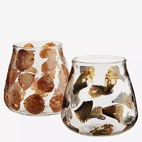 Teelichthalter Windlicht Kerzenglas mit Blättern orange - braun oder grün-grau Skandi Landhaus Madam Stoltz (1 Stück) (Gold-braun) von Madam Stoltz