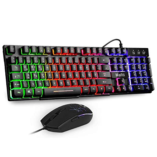 Mafiti Tastatur und Maus Set, Kabelgebundenes --, LED Hintergrundbeleuchtung QWERTZ (DE-Layout), Regenbogen Farben Beleuchtetung für Gaming und Büro von mafiti