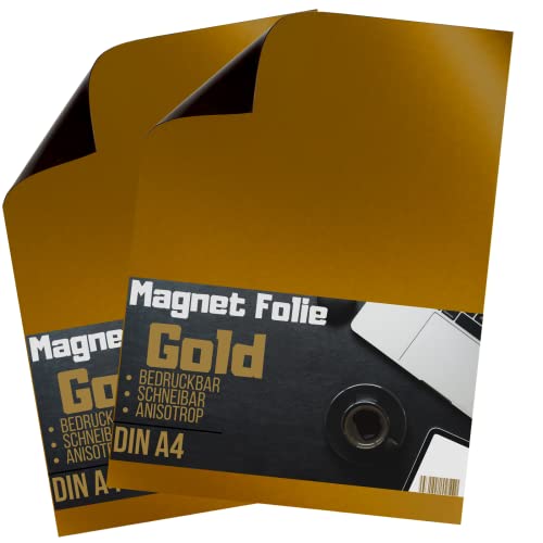 [2 Stück] Magnetfolie DIN A4 - Magnetband - Bedruckbar und Beschreibbar - KFZ Magnetfolie - Magnet Folie zum Beschriften zum Schneiden Stanzen und Basteln (Gold) von Magnet-Kauf