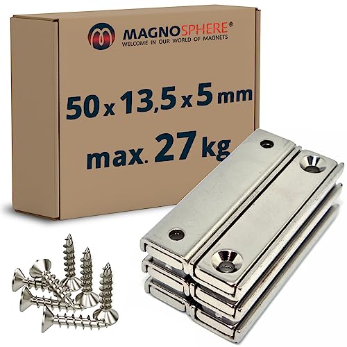 6 Stück - Magnetleiste starker Magnethalter 50 x 13,5 x 5mm, Neodym Magnet extra stark mit Senkbohrung, starker Halt, für Büro, Haushalt oder Werkstatt - hält 27 kg (inkl. 12 Schrauben) von Magnosphere