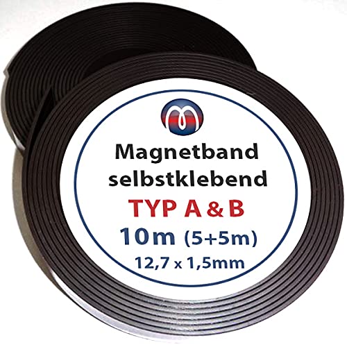 Magnetband Magnetstreifen selbstklebend mit Premium-Kleber - 1,5mm x 12,7mm jeweils 5m - Set aus TYP A und B von Magnosphere
