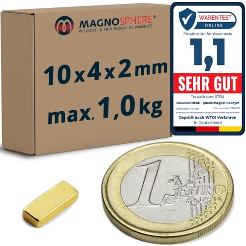 Quadermagnet Magnet-Quader Neodym (NdFeB) - Größe&Stückzahl wählbar - Haftkraft bis 800kg - Starke Block-Magnete (Supermagnete), Menge/Größe: 40 Stück - 10x4x2mm, Gold | 1kg Haftkraft von Magnosphere