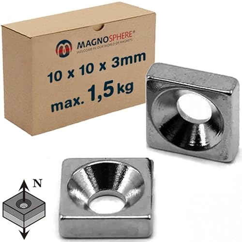 10 x Quadermagnet mit Senkbohrung 10 x 10 x 3mm - Nord - Neodym N35, Nickel - Haftkraft 1,5 kg - 10 Stück - starke Magnete (Supermagnete) mit extremer Haftkraft für Industrie und Zuhause von Magnosphere