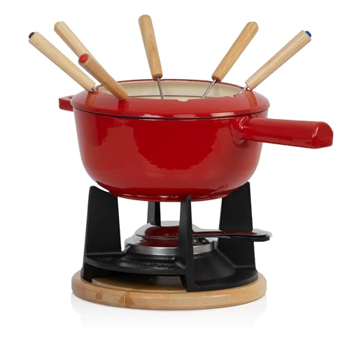 Mahlzeit Gusseisen Fondue Set für 6 Personen | 2 Liter | Fondueset 13 teilig mit Brenner und Gabeln | Fondue-Set, Käsefondue Set, Fleischfondue Set, Schokofondue Set (Rot emailliert) von Mahlzeit