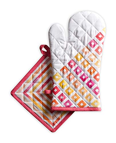 Maison d' Hermine Ofenhandschuhe + Topflappen 100% Baumwolle, hitzebeständiger Ostern Ofenhandschuh(19cm x 33cm) & Topflappen(20cm x 20cm) zum Kochen, Grillen, Backen, Summer Maze – Frühling/Sommer von Maison d' Hermine