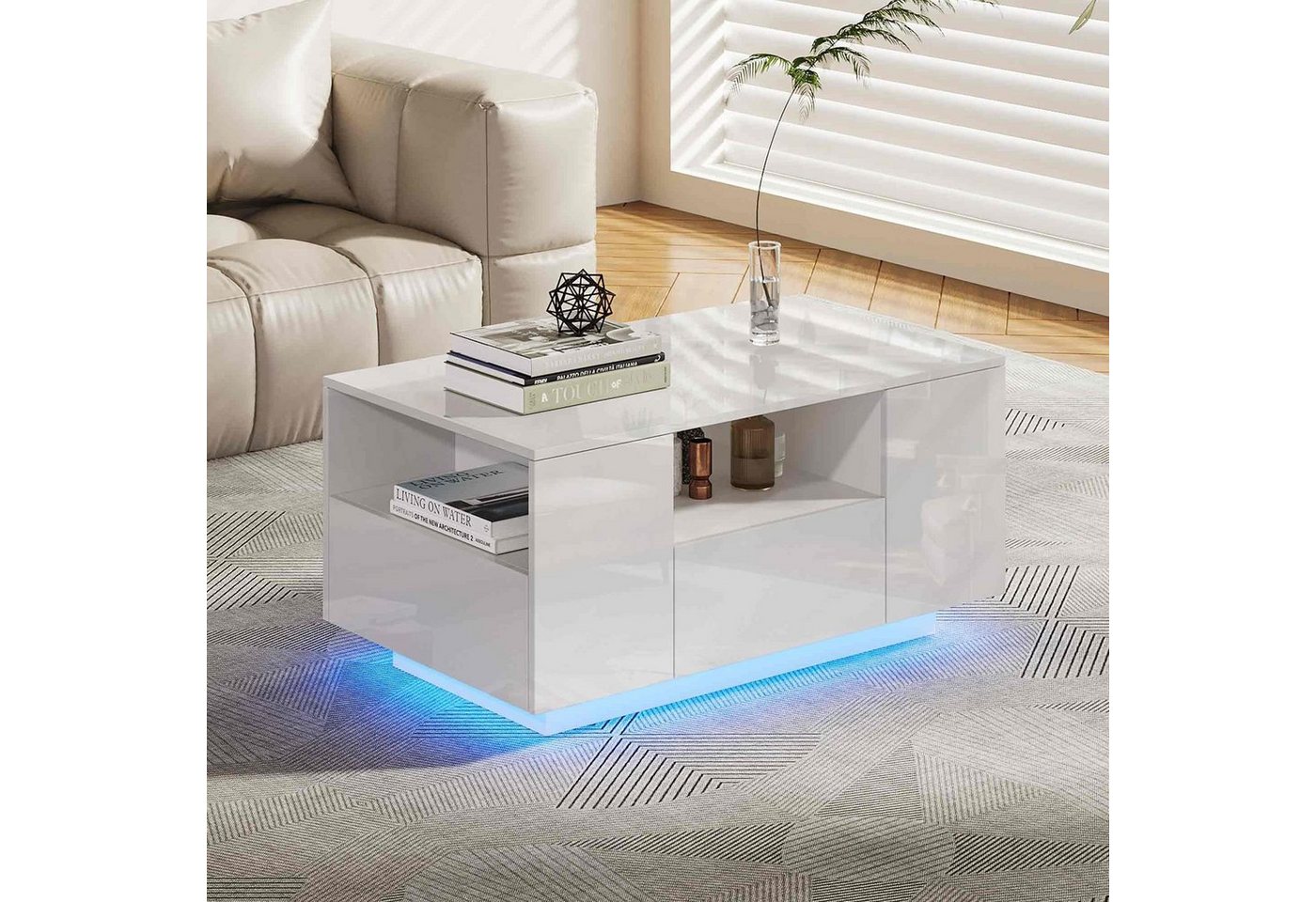 Makika Ablagetisch Design Couchtisch LED mit Schubladen - Weiß Hochglanz von Makika