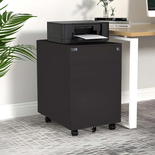 Makika Rollcontainer abschließbar mit Schubladen 60x39x50 cm - mit 5 Rollen und Hängeregistratur - Bürocontainer Standcontainer Büroschrank Rollschrank Schubladenkommode Stahlschrank - in Schwarz von Makika