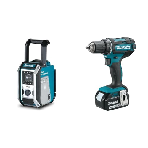 Makita DMR115 Akku-Baustellenradio (ohne Akku, ohne Ladegerät), Türkis, Schwarz, Silber & DDF482RFJ Akku-Bohrschrauber 18V / 3,0 Ah, 2 Akkus + Ladegerät im MAKPAC Schwarz, Blau von Makita